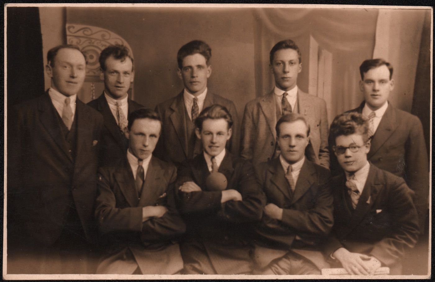 Coll. AMHS. Real photograph by either Sunray Studio of York or Manor Studio of Blackpool- 8 June 1930. Names from verso:Rear: Thomas Renwick, ?Swindle, ?Swindle, (both of Carrshield, Peter Swindle and Ephraim Graham, (born at Lunnan/High House see GrahamsofLunnan0Front: Thomas Cowan, ?Teasdale, Tom Short and John W Robson.