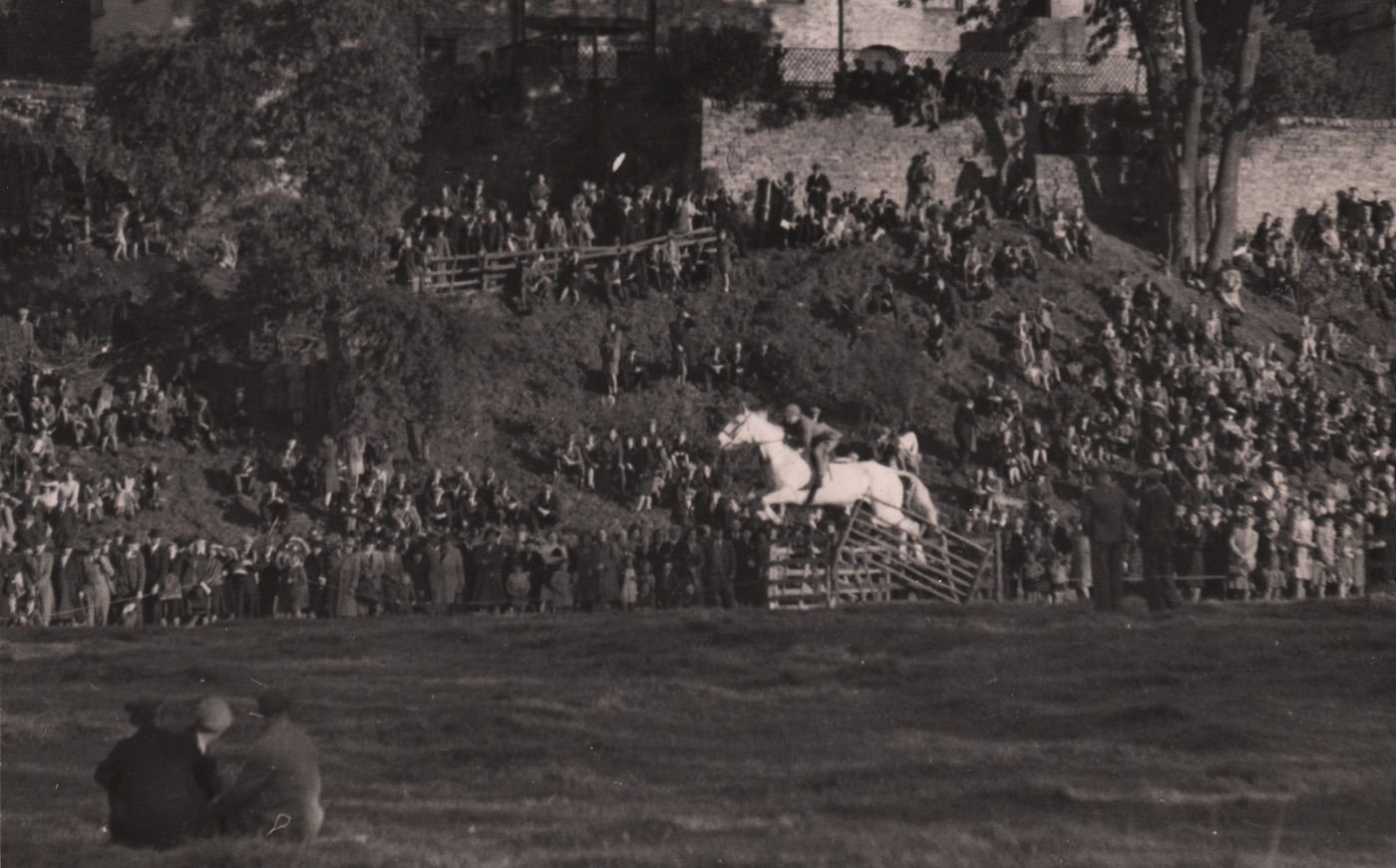 Coll. AMHS. Verso inscribed:
Open Leaping 
Alston Cattle Show Oct 6 /'45
T Kearton, Alston.
A huge postwar crowd sit & stand on the slopes below the Golden Lion to watch horse jumping on Tyne Willows, Alston.